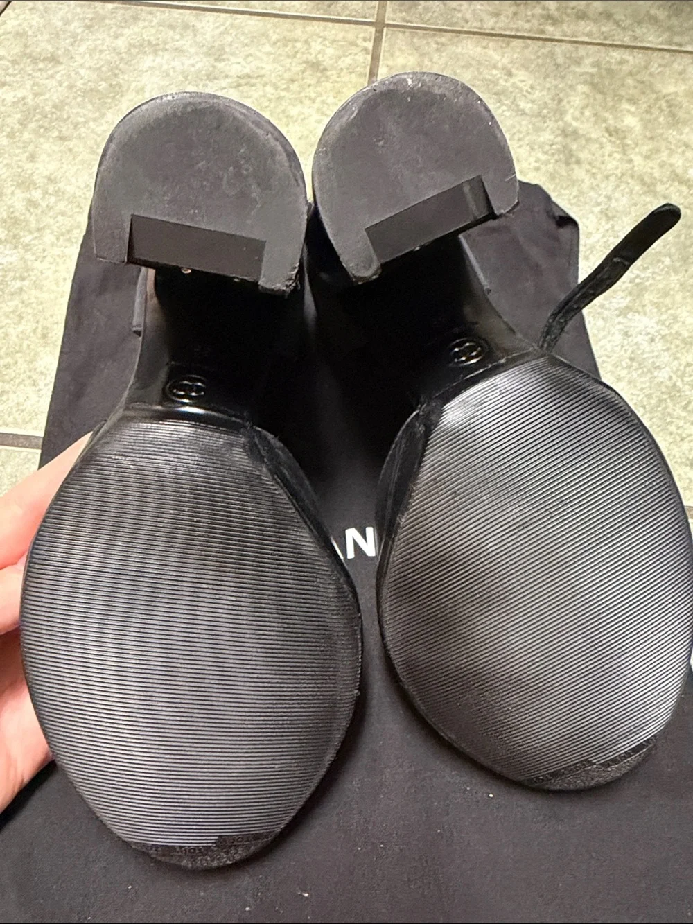 CHANEL Black Leather and Patent T-Strap Peep-Toe Heels